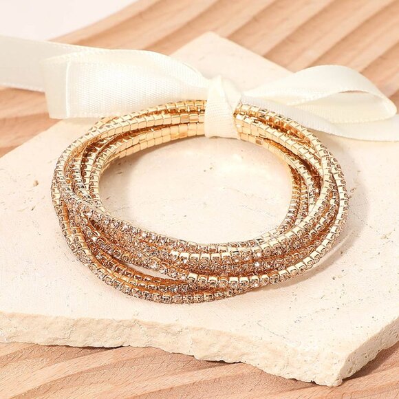 12PCS - Ribbon Slim Rhinestone Stretch Multi Layered Bracelet in Gold Topaz - Picture 1 of 2